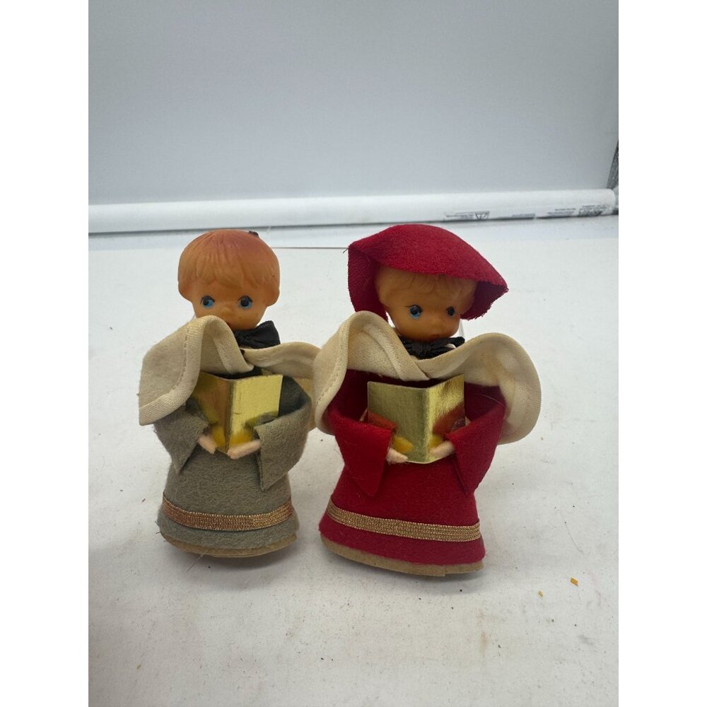 Vintage Pair of Christmas Carolers Choir Singer Figures Rubber Face Japan